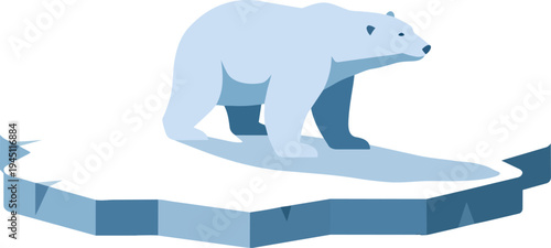 A flat illustration of a polar bear standing on a floating ice floe in a cold arctic environment, symbolizing climate change and habitat loss.