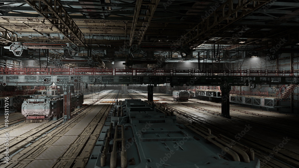Fototapeta premium Pale dawn light across transit depot with trains, preparation lanes and overhead gantries, technicians prepping carriages offframe, subtle warm glow on steel,