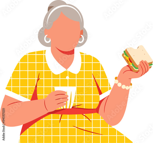 An illustration of an older woman with grey hair in a yellow plaid dress holding a sandwich and a glass.