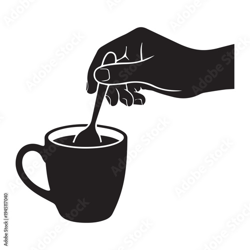 Hand holding a spoon stirring a cup Icon Silhouette vector black design on a white background