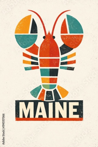 Maine state lobster emblem with colorful geometric patterns on vintage paper background for travel and regional design