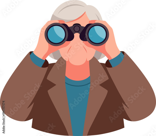 Elderly woman with grey hair looking through blue binoculars.