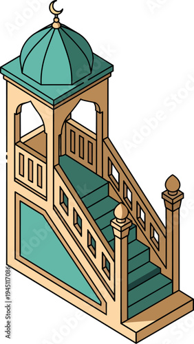Isometric illustration of a traditional Islamic minbar with stairs, railing, and a domed top featuring a crescent moon.