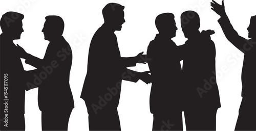 Black silhouettes of six men shaking hands or gesturing