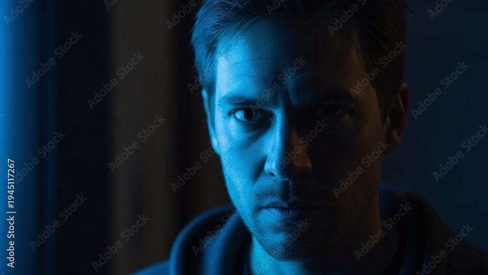 Fototapeta premium Man with Serious Expression in Dim Light.