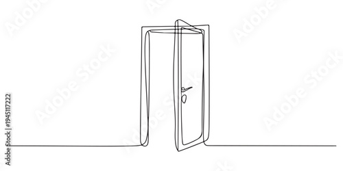 Door outline drawing illustration. one continuous line drawing of opened door, A modern line art depiction of an open door in one continuous line, Open door one line illustration, welcome sign minimal