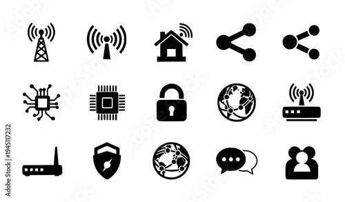 Connectivity technology icon pack with antenna router chip smart home and social media vector isolated on white