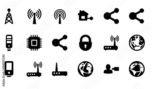 Technology network icon set with antenna wireless router smart home chip and lock vector isolated on white
