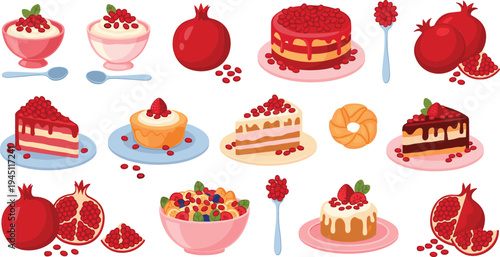 Pomegranate Dessert and Sweet Food Vector Set Featuring Cakes, Cupcakes, Pastries, Yogurt, Fruit Bowls, and Fresh Pomegranate Garnish Illustration