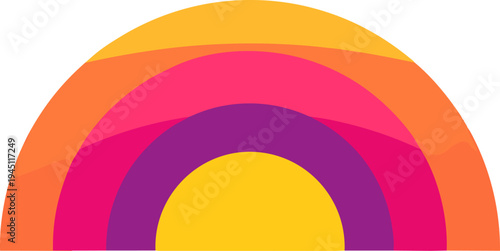 A vibrant graphic illustration of a colorful semi-circle arc with multiple layered bands in yellow, purple, pink, and orange hues.