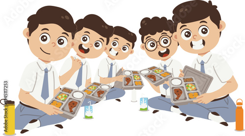 Siswa senang dan berfoto sebelum makan bersama