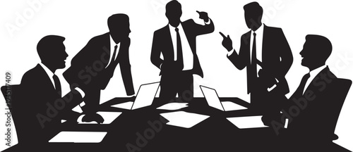 Businessmen in suits discussing around conference table with laptops