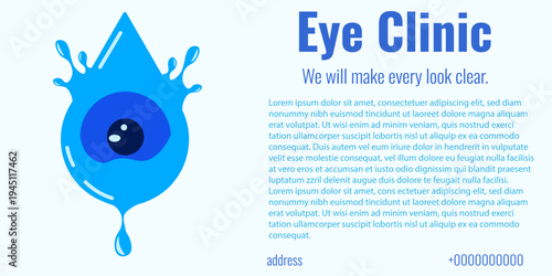 Horizontal banner for Eye Clinic. Vector illustration of human Eye in water drops with business typography and slogan. EPS 10
