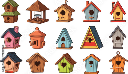 Colorful birdhouse collection wooden garden bird houses decorative nesting boxes vector illustration