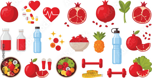 Pomegranate Health and Nutrition Icon Set with Fresh Fruit, Juice Bottle, Seeds, Vitamins, Fitness Elements, and Antioxidant Superfood Vector Collection