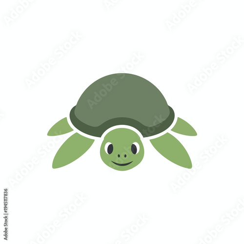A simplified, smiling green turtle with a darker green shell and flippers