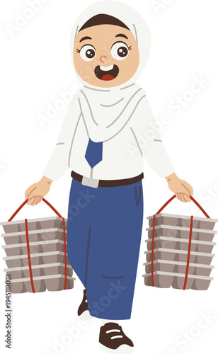 Siswi Membawa Kotak Makanan Dari Program Makan Bergizi