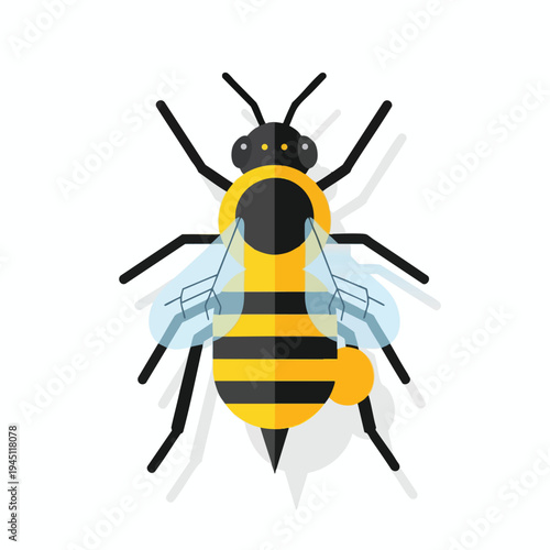 Minimalist yellow and black striped bee with translucent wings on white background