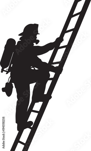 Firefighter climbing ladder with equipment silhouette