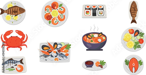 Seafood Food Illustration Set with Fish Shrimp Crab Sushi Salmon Soup and Seafood Platter Dishes for Restaurant Menu and Cooking Design