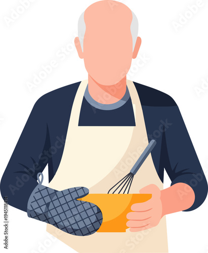 An illustration of an older man wearing an apron and oven mitt, holding a yellow mixing bowl and whisk, preparing to bake or cook.