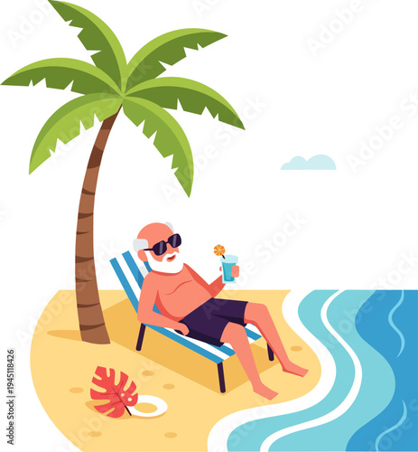 An elderly man with a white beard and sunglasses relaxes on a beach chair under a palm tree, enjoying a tropical drink by the ocean.