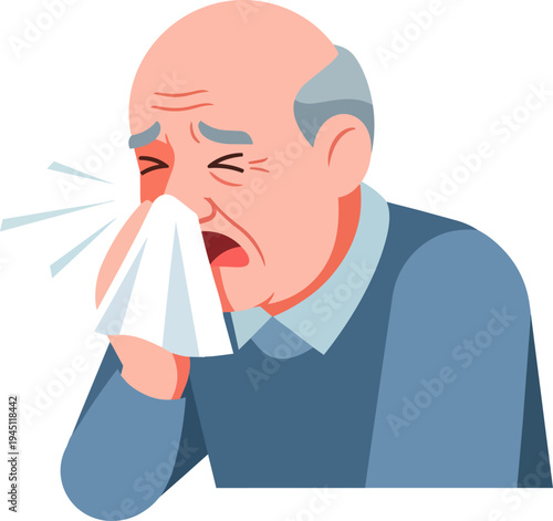 Elderly man sneezing into a tissue, experiencing cold or allergy symptoms with a distressed expression.