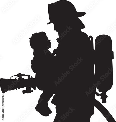 Firefighter holding child and fire hose fireman silhouette