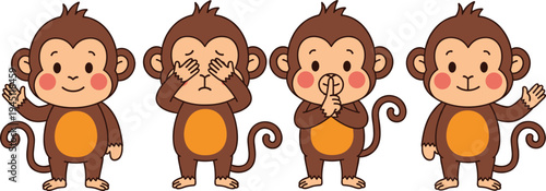 Cute cartoon monkey characters see hear speak and wave gestures vector illustration set