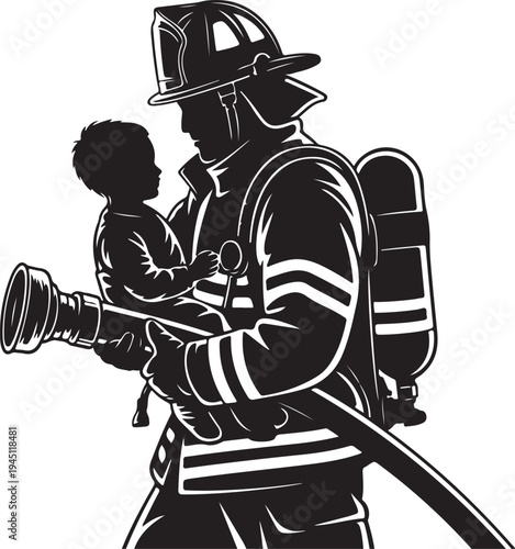 Firefighter holding child with oxygen tank and hose