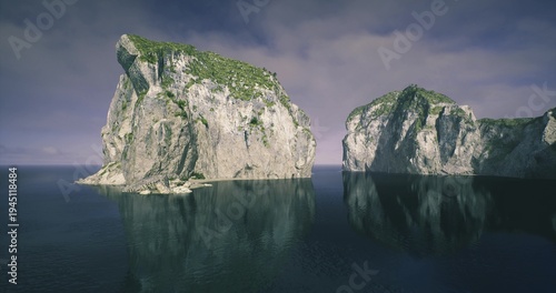 solitary cliffs mirrored in placid ocean, meditative stillness with soft light and remote horizon offering quiet mood for wellness and mindfulness visuals