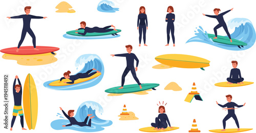 Surfing Training and Beach Surf Lifestyle Collection with Surfers Practicing Balance, Surfboard Lessons, Ocean Waves and Water Sports Activities Vector Illustration Set
