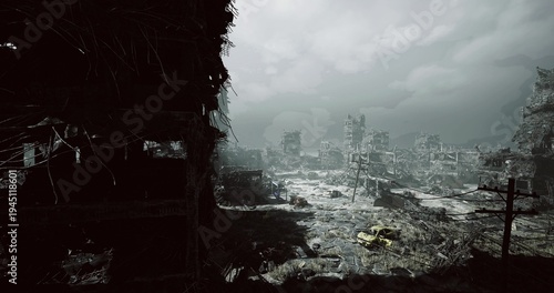 shadowed foreground framing wide ruined expanse and distant broken towers, puddled ground and mottled light create somber visual rhythm implied film production