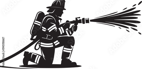 Firefighter kneeling and spraying water from hose fireman