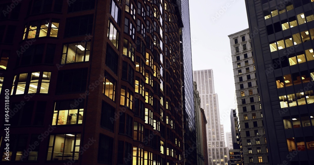 Obraz premium City buildings view, Sunset illuminates modern brick and glass structures, Evening glow highlights intricate features of urban architectural facades