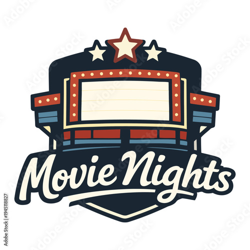 Vintage retro cinema marquee sign with blank screen and movie nights text design illustration