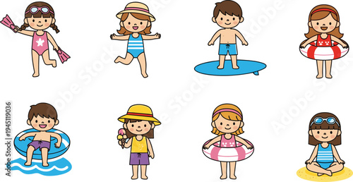 Cute kids at the beach summer children swimming and playing with float rings vector illustration set