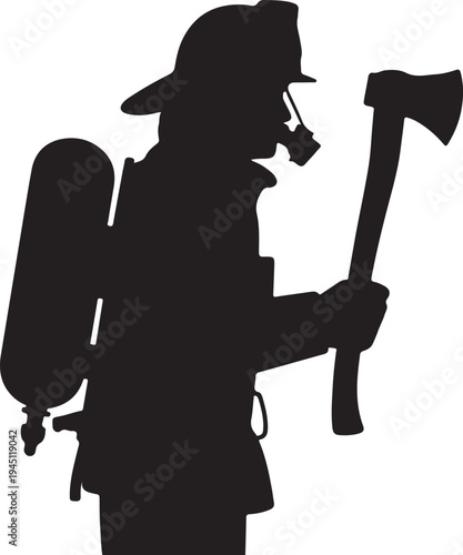 Firefighter silhouette with axe and oxygen tank black