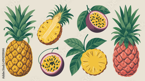 Tropical fruit arrangement with pineapples and passionfruits on beige background
