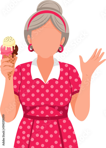 An illustration of an older woman with grey hair holding a melting ice cream cone and gesturing with her other hand.