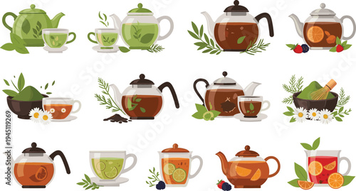 Tea Drink Collection with Teapot, Teacups, Herbal Tea, Green Tea, Citrus Tea and Fruit Infusion Beverage Cartoon Vector Illustration Set
