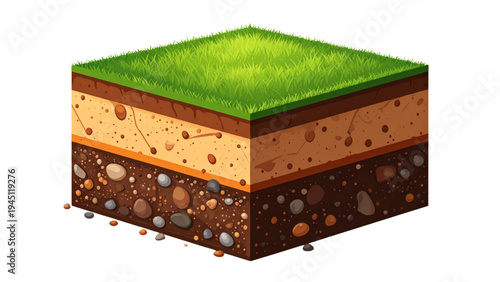 Ground Cross Section with Grass Soil and Stones – Earth Layer Illustration