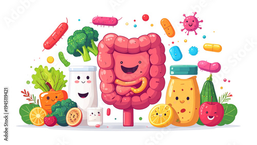 Gut Health Education Illustration with Healthy Food and Friendly Bacteria