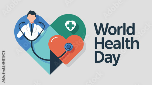 World health day awareness campaign logo with doctor and heart symbol