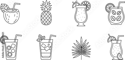 Tropical Summer Drink Icon Set Featuring Coconut Juice, Pineapple, Citrus Cocktails, Mint Lemonade and Refreshing Fruit Beverage Symbols for Bar and Menu Design