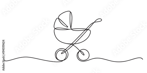 baby stroller woman drawn in one line style. Vector illustration.  one continuous line drawing of baby stroller.one line drawing of baby stroller. single line baby equipment.one line vector.