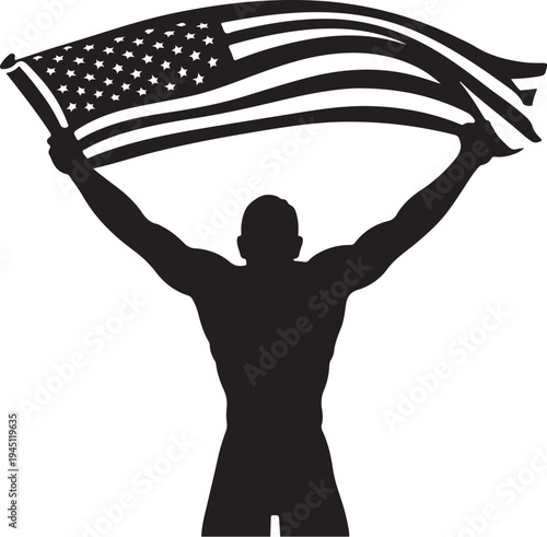 Man holding american flag above head in black silhouette