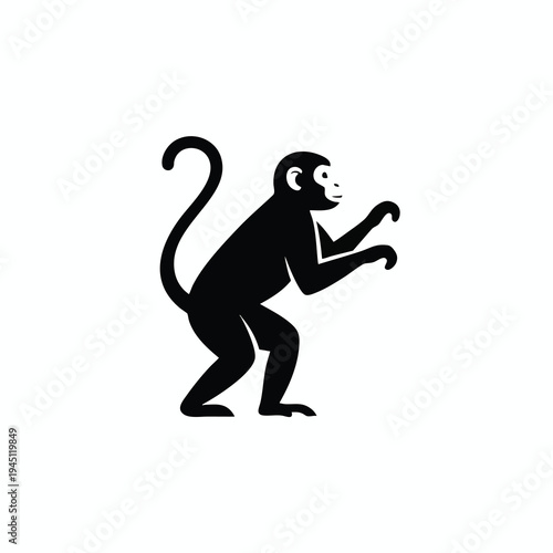 Silhouette of a monkey with a long tail, crouched forward with arms outstretched