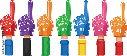 Foam finger number one fan hands colorful sports supporter foam gloves vector illustration set