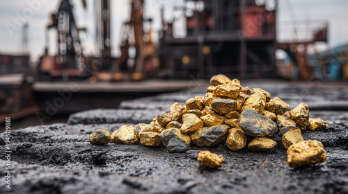 Golden nuggets rest on dark, wet rock surface